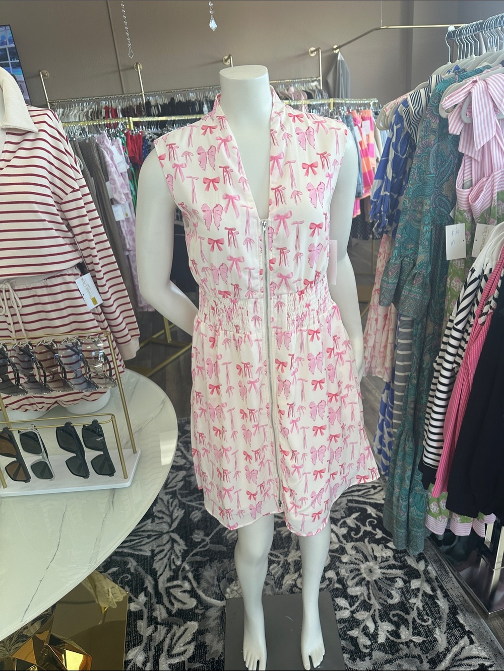Sleeveless Pink Bow-Print Zip Front Dress